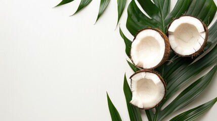 Wall Mural - Fresh coconut slices displayed on leaf with white background Exotic theme for beauty spa and health products Wide banner with empty space