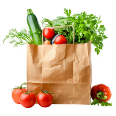 Wall Mural - A brown paper bag filled with fresh vegetables isolated on a transparent background