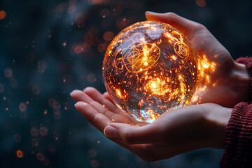Canvas Print - hands holding a glowing crystal ball with star constellations, suitable for mystical or fantasy conc