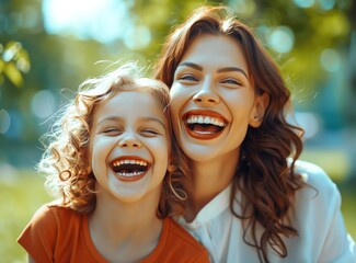 Wall Mural - A woman and a little girl are smiling and laughing together