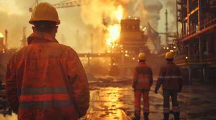 Poster - Construction workers wearing a hard hats, working in a hot metal foundry. It is an extremely hot day. Generative AI.