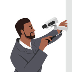 Worker installs a camera on the street CCTV Installation Wizard. Flat vector illustration isolated on white background