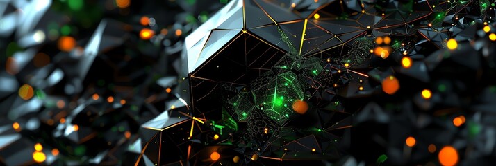 a wallpaper for a with black mathematical shapes with green glowing details, it is surrealistic and abstract, green and yellow