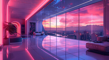 Poster - Room scene illustration, futuristic scene, pink and indigo, vibrant cityscapes. Generative AI.