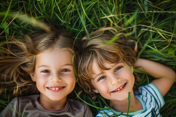 Wall Mural - Two young children are laying on the grass, smiling and looking at the camera