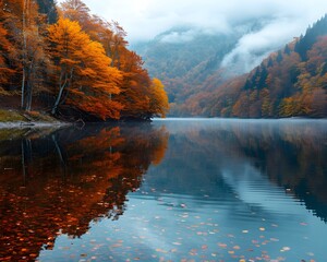 Poster - Scenic Autumn Lake Surrounded by Vibrant Foliage Reflection in Calm Waters