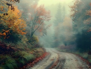 Canvas Print - Foggy Autumn Morning on Solitary Path Through Colorful Forest Landscape