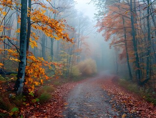 Poster - Misty Autumn Path Through Colorful Forest Landscape