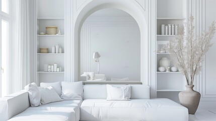 Wall Mural - Living room interior with white decor arched mirror and built in shelving warm white tone minimalist