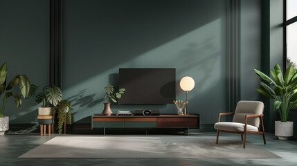 Wall Mural - Living room with cabinet for tv on dark green color wall background.3d ing --aspect 169 --version 6.0 - Upscaled (Subtle) by @zahra (relaxed)