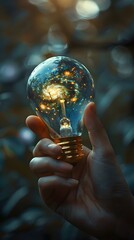 Wall Mural - hand holding a lightbulb with a tiny universe inside symbolizing infinite possibilities and creative