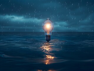 Canvas Print - Lightbulb Emerging from the Ocean Illuminating the Night Sky