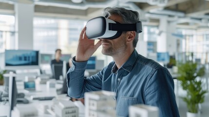 Wall Mural - Skilled architect wearing visual reality glasses by using VR goggles to connect and design building while working at modern art studio. Professional civil engineer planning strategy with cloth. AIG42.