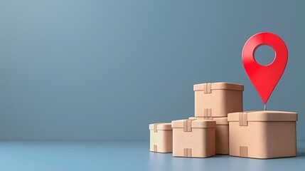 Wall Mural - Cardboard boxes stacked with a red location pin on blue background. Concept of delivery, shipping, and e-commerce logistics. 3D Illustration.