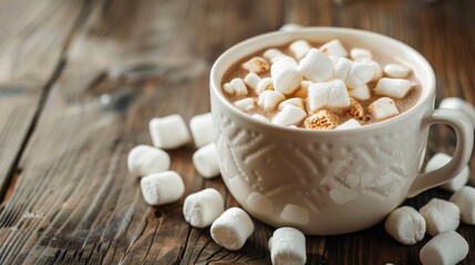Wall Mural - Close up image of a white cup filled with hot cocoa and marshmallows on a wooden table