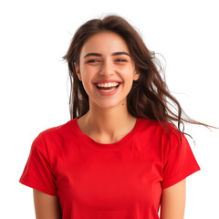 Wall Mural - A happy woman wearing a color t-shirt, smiling brightly, isolated on a transparent background