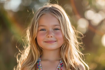 Wall Mural - A young girl with long blonde hair is wearing a colorful necklace and smiling