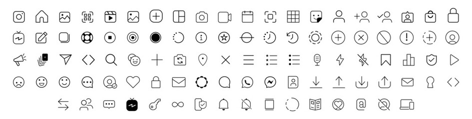 Instagram icon set. User button symbol, logo sign. Stories, likes, posts, photos, hashtags and followers. Instagram interface icons or for many social media - vector illustration editorial.