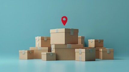 Wall Mural - Stack of cardboard boxes with a red location pin on top against a blue background symbolizing delivery and logistics. 3D Illustration.