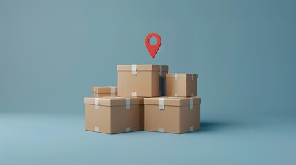 Wall Mural - Stacked cardboard boxes with a red location pin on a blue background. Concept of delivery, logistics, and shipment tracking. 3D Illustration.