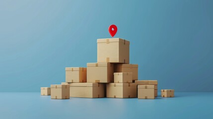 Wall Mural - Stacked cardboard boxes with location pin on top against blue background, symbolizing delivery, shipping, and logistics solutions. 3D Illustration.