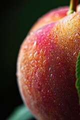 Wall Mural - Fresh Dew-Kissed Peach Close-up on Dark Background