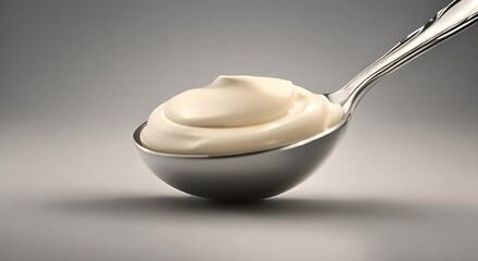 Wall Mural - Close up of a spoonful of smooth creamy mayonnaise against a dark background The sleek silver spoon contrasts with the velvety white condiment creating an appealing visual texture 4k