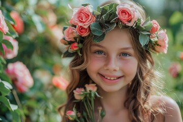 Wall Mural - A young girl wearing a pink flower headband and holding a bouquet of pink roses