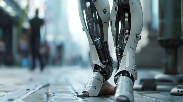 Close-up of futuristic robotic legs walking on a street, showcasing advanced technology and artificial intelligence in urban settings.