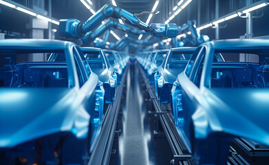 Wall Mural - Car manufacturing assembly line with robots working on blue vehicles.