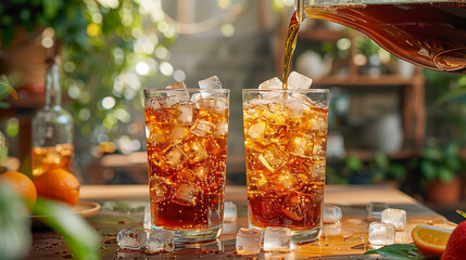 A pitcher of iced tea pours into two tall glasses filled with ice on a sunny day. The refreshing drink is perfect for a warm afternoon