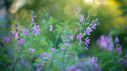 Canvas Print - Close up view of blooming hairy vetch with blurred green plants in the background