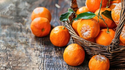 Wall Mural - Close up of tangerines in a basket with space for text
