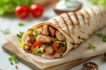 Chicken wrap on a rustic board with fresh veggies and sauce