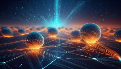 Wall Mural - Futuristic theme, digital landscape, interconnected glowing spheres, network of light lines, ethereal and high-tech atmosphere, vibrant color scheme with blue and orange hues.