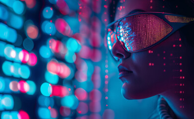 Wall Mural - Profile of a woman wearing glasses with code reflections in a futuristic, neon-lit setting.