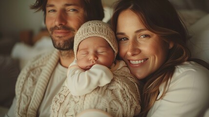  A happy family of three, father holding his sleeping newborn baby and mom warm colors, closeup