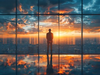 Businessman Silhouette Looking Out Office Window at Stunning Sunset Cityscape