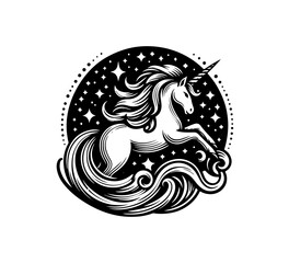 Wall Mural - Unicorn hand drawn vintage illustration black and white