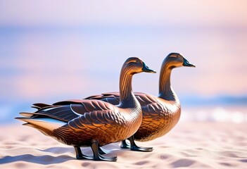 A close-up of two bronze geese statues on a light background