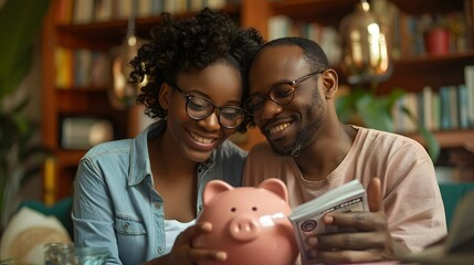 Poster - Couple Saving for Their Dream Home by Depositing Money into Piggy Bank for Financial Planning