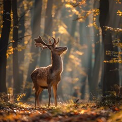 Sticker - Graceful Deer in Autumnal Forest with Sunlit Highlights and Elegant Form