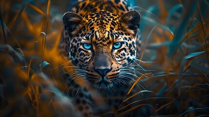 Wall Mural - Stealthy Leopard Prowling Through Tall Grass Muscles Tense and Focused Eyes Wildlife Portrait Concept