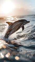 Wall Mural - Playful Dolphin Leaping Out of Sparkling Ocean Under Sunlight