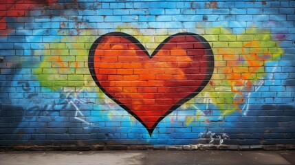 Wall Mural - A heart-shaped graffiti mural with bold, vibrant colors and a stylized design, painted on a weathered brick wall.