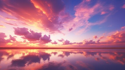Wall Mural - A mesmerizing sunset, where the sky is ablaze with hues of orange, pink, and purple, set against a backdrop of wispy white clouds, creating a breathtaking spectacle of nature's artistry.