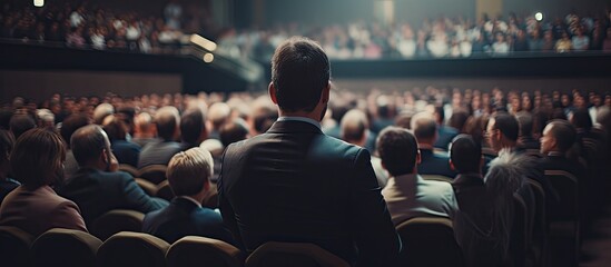 Wall Mural - Speaker presenting at corporate business conference in a conference hall with unidentifiable audience members featuring a Business and Entrepreneurship event with copy space image