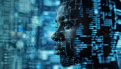 Wall Mural - digital network overlay on black mans face in blue light