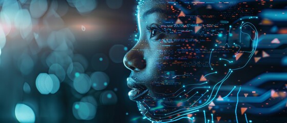 Wall Mural - close up of a young womans face immersed in digital data