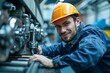 © DKPhoto - A happy male worker wearing a safety helmet is operating heavy machinery in an industrial setting, signifying productivity and safety